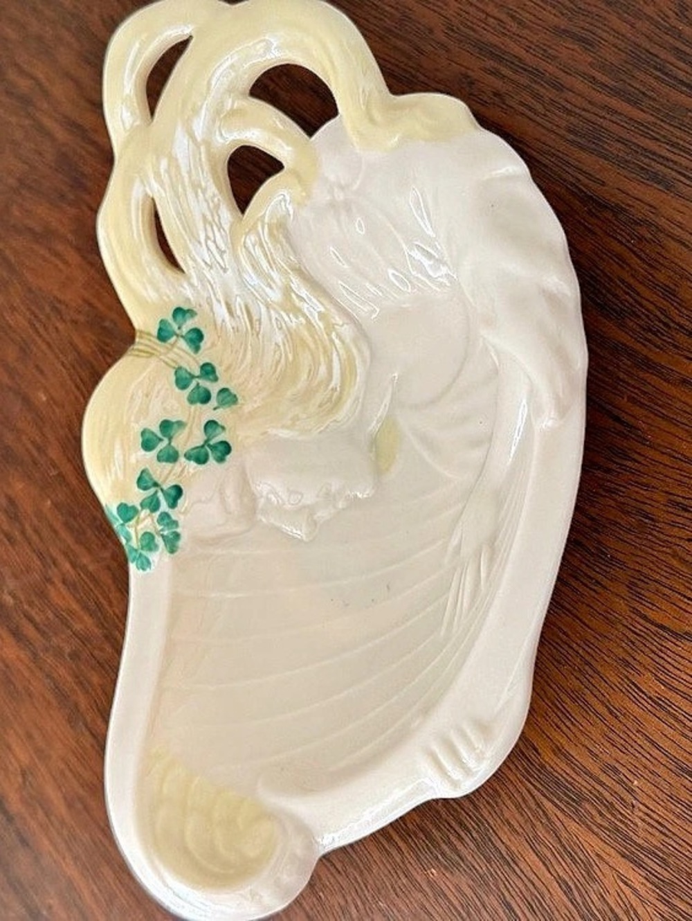 Belleek Irish Harp Butter Plate / Trinket Dish White & Green